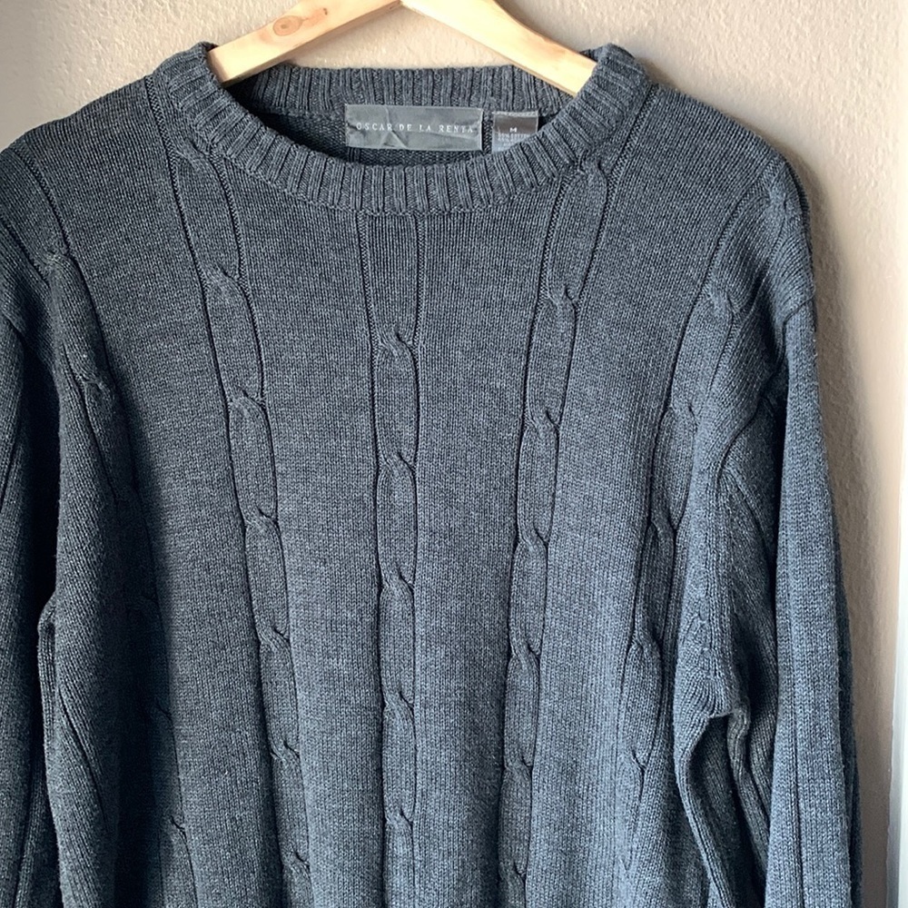 OSCAR DE LA RENTA Gray Cable Knit Long Sleeve Crew Neck Sweater